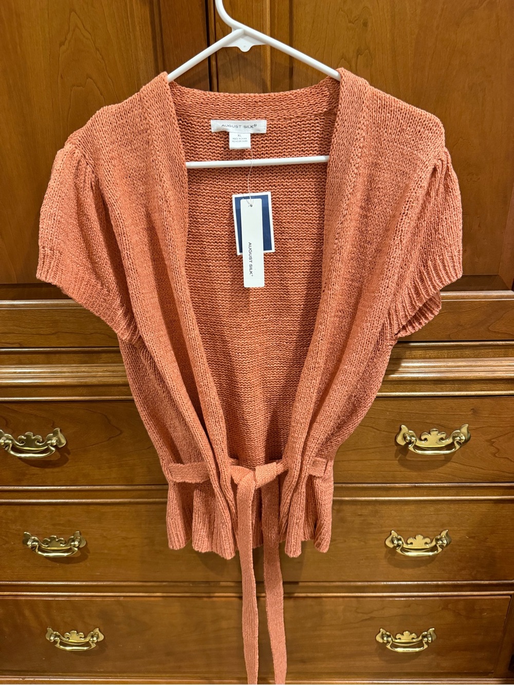 Short Sleeve Open-Front Belted Sweater - Coral